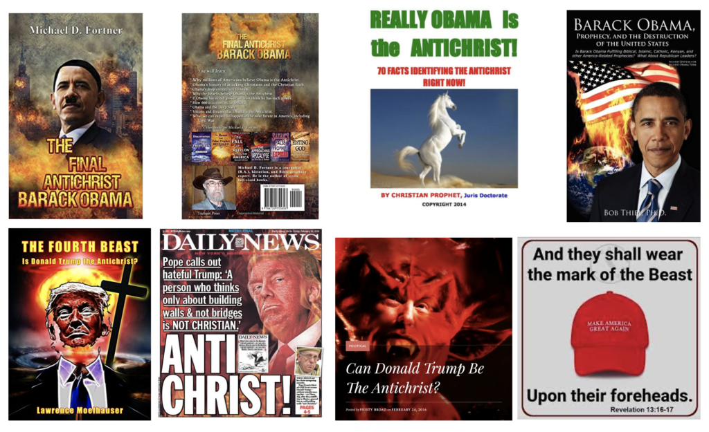 Pictures of books declaring Obama or Trump to be the anti-christ.